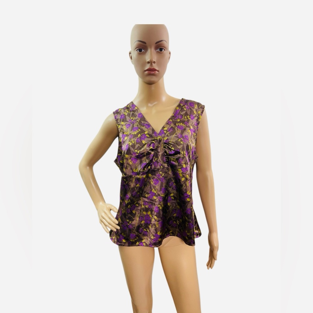 La Redoute Womens Size 14 Sleeveless V Neck Floral Stain Blouse Purple Brown